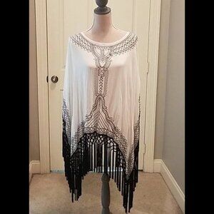 Chico's white black fringe tunic shirt top fringe poncho EUC